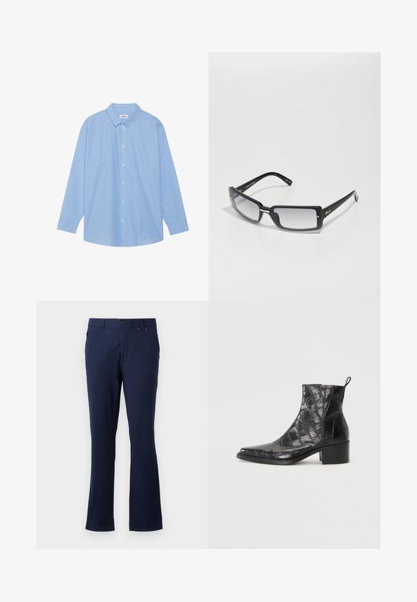 Blauw-wit gestreepte lange mouwen shirt met een klassieke kraag, knoopsluiting aan de voorkant en afgeronde zoom. Gemaakt van een lichtgewicht stof.; Navyblauwe broek van lichtgewicht stof, met een recht model, voorzakken en een knoopsluiting in de taille.; Zwarte enkellaarzen van textuur faux leer met een krokodillenpatroon, voorzien van een vierkante neus en een blokhak.; Zwarte rechthoekige zonnebril met een verlooplens, voorzien van een dik frame en metalen accenten op de steunen. Glad oppervlak overal.