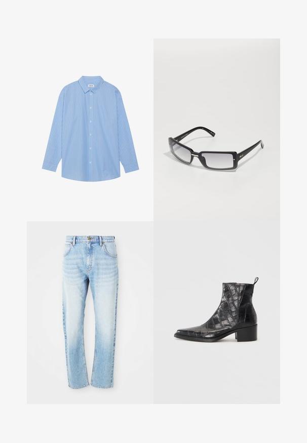 Blå og hvit stripete langermet skjorte med klassisk krage, knappelukking foran og avrundet skjert. Laget av et lett stoff.; Lys blå rette denim jeans med frontlommer, beltehemper og knappelukking.; Svarte ankelstøvler laget av teksturert faux skinn med krokodillemønster, med firkantet tå og blokkhæl.; Svarte rektangulære solbriller med gradientlinser, med en tykk ramme og metallaksenter på armene. Jevn tekstur gjennom hele.
