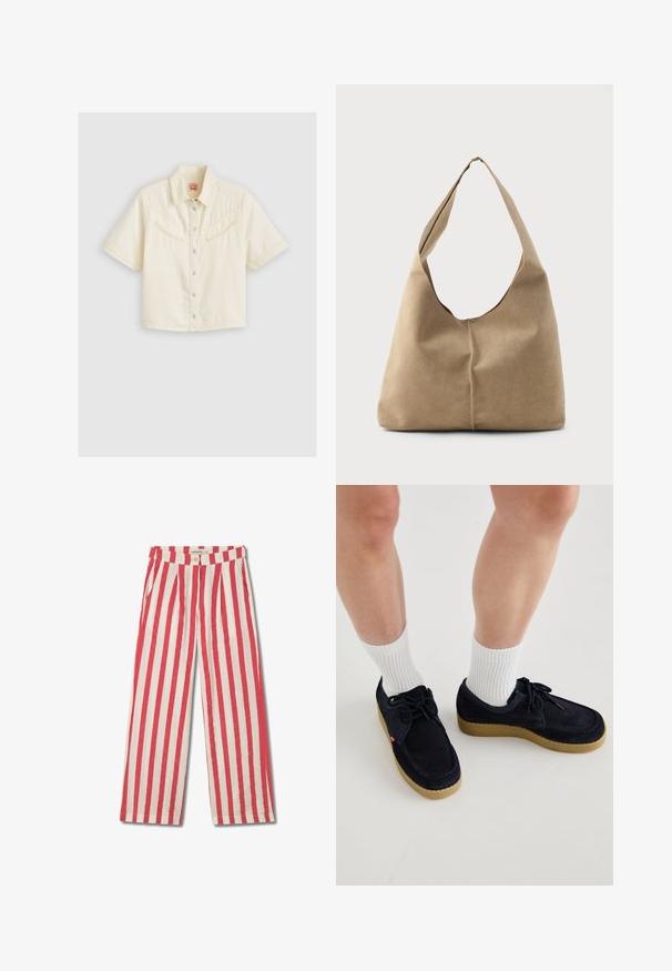 Chemise à manches courtes en coton crème. Elle possède deux poches poitrine avec des rabats inclinés, un col classique et des boutons-pression en métal argenté.; Pantalons à larges tailles rayés rouges et blancs, avec une fermeture à bouton, des plis et des poches latérales. Fabriqués en un tissu léger.; Chaussures en daim bleu marine avec un bout rond, un laçage, et une semelle en caoutchouc couleur crème. Assorties avec des chaussettes blanches à côtes.; Sac hobo en suède beige doux avec une forme décontractée, une large bandoulière et un détail de couture à la main sur le devant.