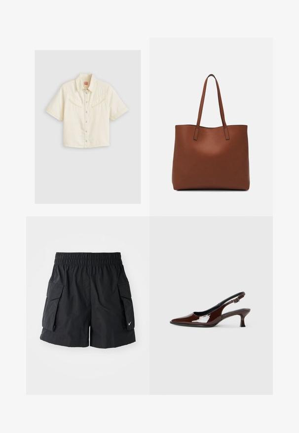 Krāsains īsām piedurknēm pogājams krekls krēmkrāsā no kokvilnas. Aprīkots ar divām krūšu kabatām ar slīpiem vākiem, klasiska tipa apkakli un sudraba spiedpogu pogām.; Melnas kargo šortus, kas izgatavoti no viegla auduma, ar elastīgu jostu, divām sānu kabatām un nelielu baltu logo uz apakšmalas.; Brūnas patentētas ādas sprauga kurpes ar norādītu pirkstu un mērenu papēdi. Aprīkotas ar sprādzi, lai nodrošinātu drošu fit. Gluda tekstūra.; Brūna ādas iepirkumu soma ar gludu tekstūru, atvērta augšdaļa un divas plecu siksnas. Izceļas ar minimālām šuvēm un redzamu aparatūru nav.