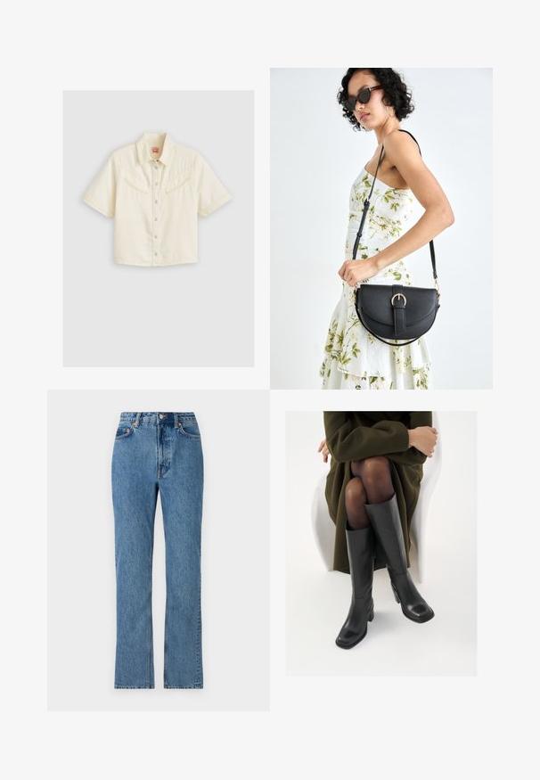 Chemise à manches courtes en coton crème. Elle possède deux poches poitrine avec des rabats inclinés, un col classique et des boutons-pression en métal argenté.; Jean en denim bleu clair à taille haute, jambes droites, et un design classique à cinq poches. Comprend un bouton en métal et des rivets.; Bottes en cuir noires arrivant au genou, avec un bout carré et un talon carré, présentées sur un modèle assis dans un manteau vert olive. Texture lisse, détails minimaux.; Sac à main en cuir noir avec une forme courbée, bandoulière amovible et des accessoires en or. Le sac est doté d'un rabat avec un détail de boucle.