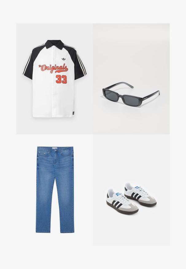 Bijela polo majica kratkih rukava s crnim ovratnikom, crnim rukavima, crvenim natpisom "The Originals" i "33" otisnutim u crvenoj boji na prednjoj strani.; Svijetloplave traperice ravnog kroja, s pet džepova, blagim izbljedjivanjima i metalnim detaljima na struku i džepovima.; Sportske cipele s gornjištem od bijele kože, sivi suedinasti nos i tri crne pruge. Imaju plavi logo na jeziku i teksturiranu gumenu podlogu.; Crne pravokutne sunčane naočale s debelim plastičnim okvirom i tamnim lećama. Na strani se nalazi naziv brenda "ARNETTE", elegantan dizajn i sjajna završna obrada.