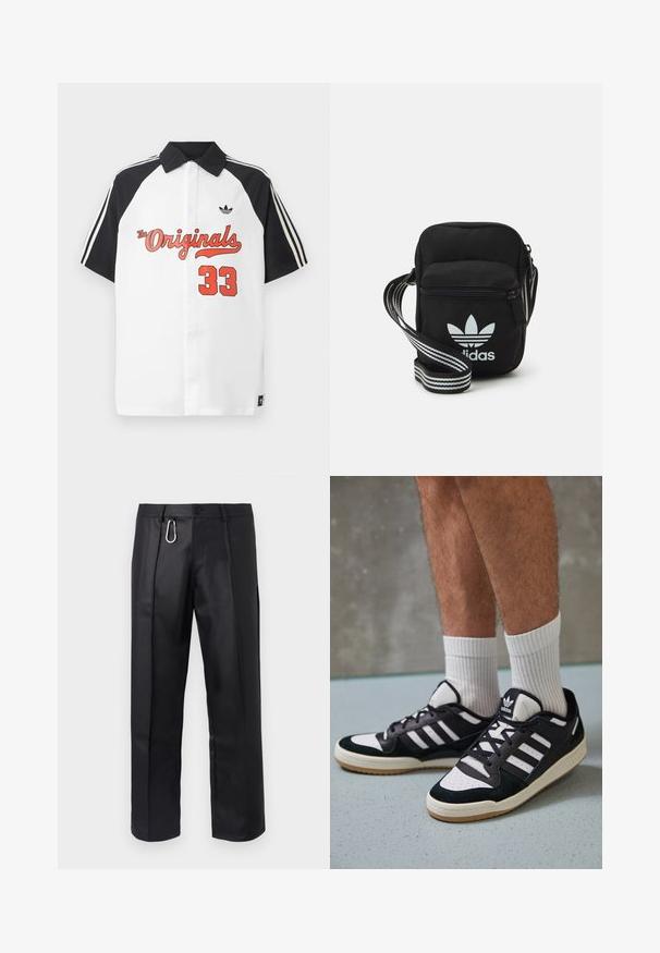 Baltas trumpas rankovėmis polo marškinėliai su juodu apykakle, juodomis rankovėmis, raudonu „The Originals“ grafiniu piešiniu ir raudonu „33“ užrašu priekyje.; Juodos odinės kelnės su tiesiu kirpimu, priekiniais raukiniais ir sidabriniu karabinu prie juosmens. Sklandus tekstūra su minimaliais akcentais.; Juodos ir baltos sportinės bateliai su zomšiniu ir odiniu viršumi, su trimis baltomis juostelėmis, perforuota koja ir guminėmis padais.; Juodas audinio per petį nešiojamas krepšys su užtrauktuku, turintis baltą Adidas logotipą ir dryžuotą reguliuojamą diržą patogiam nešiojimui.