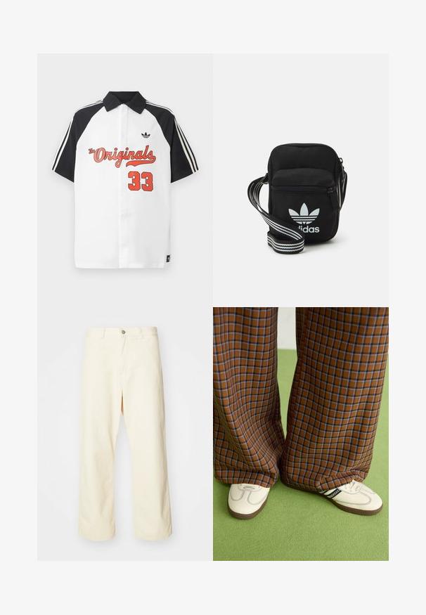 White short-sleeve polo shirt with a black collar, black sleeves, red "The Originals" graphic, and "33" printed in red on the front.; Cream-colored, wide-leg pants made of cotton with a button closure, belt loops, and stitched hem. Smooth texture, no visible patterns.; Brown and blue plaid wide-leg trousers paired with white shoes featuring black accents and textured soles, set against a green background.; Black fabric crossbody bag with a zipper closure, featuring a white Adidas logo and a striped adjustable strap for easy carrying.