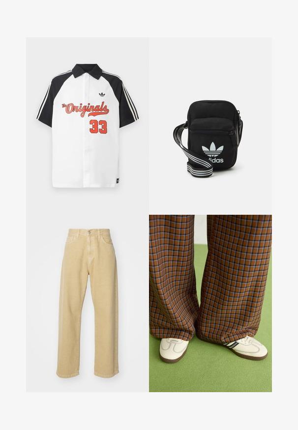 Valkoinen lyhythihainen polo-paita mustalla kauluksella, mustilla hihoilla, punaisella "The Originals" -grafiikalla ja punaisella "33"-painatuksella edessä.; Beige farkkuhousut suoralla lahkeella, joissa on viisi taskua, nappikiinnitys ja siisti helman viimeistely. Pehmeä rakenne.; Ruskonsin ja sininen ruutukuvioinen leveälahkeinen housut yhdistettynä valkoisiin kenkiin, joissa on mustia yksityiskohtia ja tekstuuripohjat, vihreää taustaa vasten.; Musta kangas olkalaukku vetoketjulla, jossa on valkoinen Adidas-logo ja raidallinen säädettävä hihna helppoa kantamista varten.