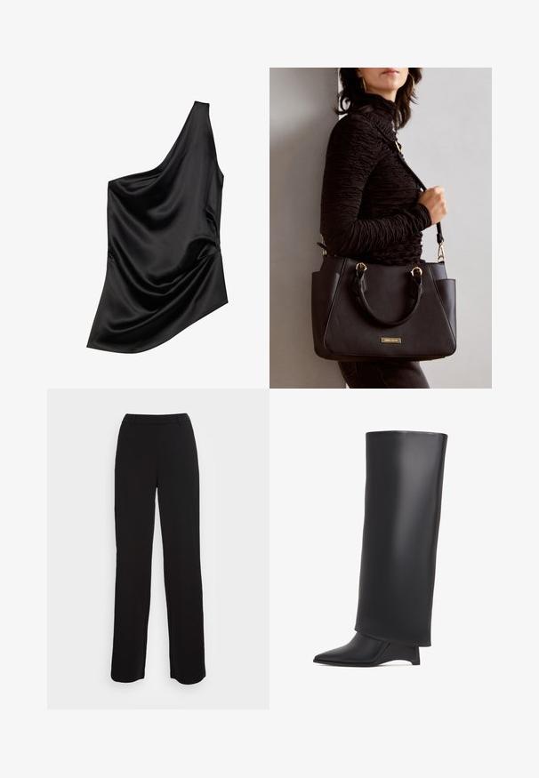 Czarny satynowy top z asymetrycznym dekoltem, drapowanymi detalami i miękką teksturą. Posiada jedno ramię i swobodną sylwetkę.; Czarne spodnie o prostym kroju, gładkiej fakturze i dopasowanej talii. Posiadają przednie kieszenie i minimalne detale szycia.; Czarne kozaki do kolan wykonane z gładkiej skóry, z wąskim noskiem i trójkątnym obcasem. Zaprojektowane z eleganckim, gładkim cholewką.; Czarna torebka z teksturowanej powierzchni, podwójnymi uchwytami na górze i regulowanym paskiem na ramię. Posiada złote okucia i boczne kieszenie.