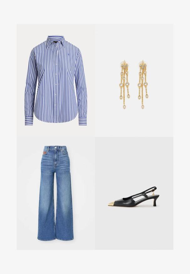 Blau-weiß gestreifte Hemd aus Baumwolle. Verfügt über einen spitzen Kragen, lange Ärmel und einen abgerundeten Saum mit einem kleinen Logo.; Hochtaillierte, weite Jeans in hellblauem Denim mit leichter Ausbleichung, ausgestattet mit einem Knopfverschluss und einem Lederakzent am hinteren Taillenbund.; Schwarze Leder-Slingback-Schuh mit spitzem Zeh und goldfarbener Metallic-Kappe. Verfügt über ein Ausschnittdesign und einen schlanken Absatz mit verstellbarem Riemen.; Goldtonige Ohrringe mit mehreren kaskadierenden Ketten, verziert mit klaren ovalen Strasssteinen und dekorativen Ohrsteckern.