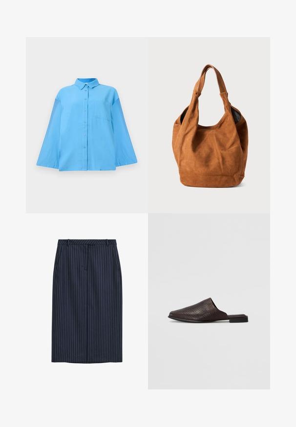 Chemise boutonnée à manches longues bleu clair avec un col et une poche poitrine unique, présentée sur un fond blanc uni.; Jupe crayon bleu marine à rayures, coupe droite, poches avant, taille, et texture lisse. Sans fermetures ni attaches visibles.; Mule noir à enfiler en matériau texturé avec un motif reptilien, doté d'un talon bas et plat et d'un design à bout ouvert arrondi.; Sac à épaule en daim brun avec une texture douce, une forme incurvée et deux poignées. Il présente un design minimaliste sans matériel ou accents visibles.