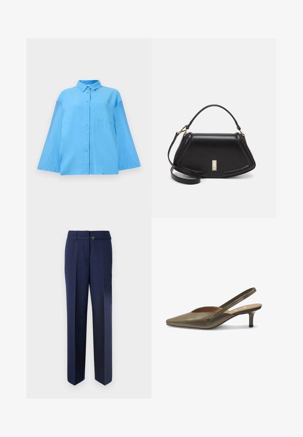 Light blue long-sleeve button-up shirt with a collar and a single chest pocket, displayed against a plain white background.; Navy blue tailored trousers with a straight-leg design, featuring a smooth texture and a small heart-shaped accent on the waistband.; Slingback heel in olive green, glossy synthetic material, pointed toe design, low stacked heel, and metal accent near the ankle strap.; Black leather handbag with a structured design, featuring a cropped shape, top handle, and gold hardware accent. Adjustable shoulder strap included.