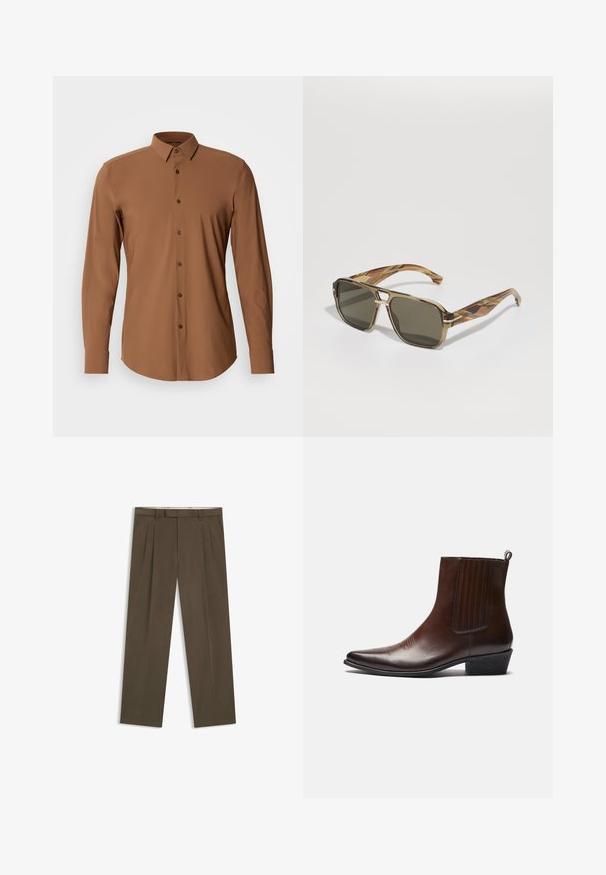 Long-sleeve brown shirt with a button-down collar, smooth texture, and brown buttons. Features a curved hem and tailored fit.; Brown pleated trousers made of cotton blend fabric. Features a straight cut, belt loops, and side pockets. Smooth texture with minimal detailing.; Brown leather ankle boot with a pointed toe, elastic side panels, textured detailing on the front, and a low stacked heel.; BOSS Sunglasses - brown