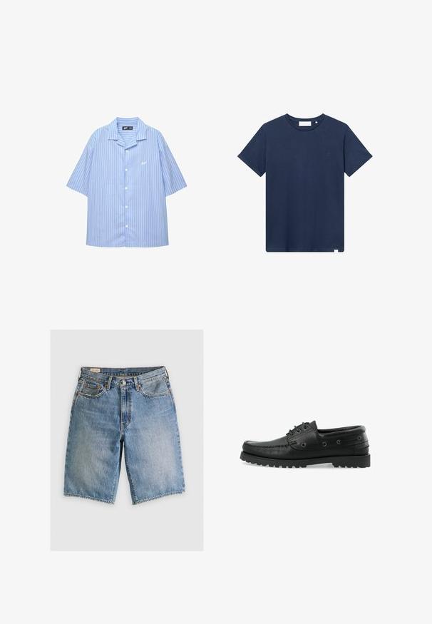 Kortærmet skjorte med knapper i lys blå med hvide lodrette striber. Har en klassisk krave og et lille logo på brystet. Glat stofstruktur.; Mørkeblå bomulds-T-shirt med rund halsudskæring, korte ærmer og et lille broderet logo på venstre bryst. Glat tekstur.; Lyseblå denimshorts med klassisk snit. Har fem lommer, orange stikninger og rå skærmkanter.; Sorte læder bådsko med tekstureret overflade, snørebåndsdesign, gummisål med trækkraft og metaløjer på siderne.