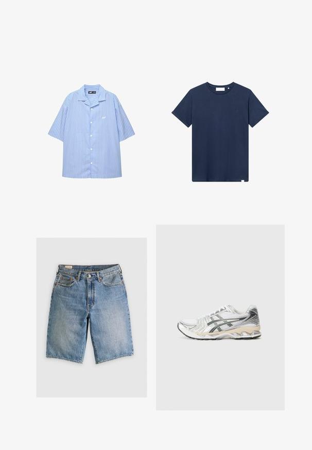 Vaaleansininen lyhythihainen napillinen paita, jossa valkoisia pverticaleita. Klassinen kaulus ja pieni logo rinnassa. Sileä kangas.; Tummansininen puuvillapaita, jossa on pyöreä pääntie, lyhyet hihat ja pieni brodeerattu logo vasemmassa rinnassa. Sujuva pinta.; Vaaleansiniset farkkushortsit klassisella leikkauksella. Ominaisuuksiin kuuluu viisi taskua, oranssit ompeleet ja raidanreunat.; Valkoinen urheilukenkä, jossa on hopeisia ja mustia yksityiskohtia, verkkokangasyläosa, teksturoitu muotoilu, pehmeä pohja ja joustava kulutuspinta.