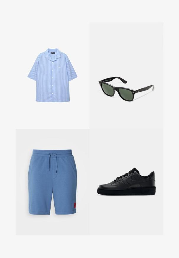 Kratek rokav, srajca z gumbi v svetlo modri barvi s belimi navpičnimi črtami. Ima klasičen ovratnik in majhen logotip na prsih. Gladka tekstura tkanine.; Svjetloplave pamučne šortse s elastičnim pojasom i podesivom vezicom. Ima bočne džepove i crvenu oznaku na lijevom bedru.; Črne Nike Air Force 1 športne copate z gladkim usnjem, perforirano konico za zračnost, črnimi vezalkami in teksturirano gumijasto podplatom.; Črne plastične sončna očala z zelenimi lečami, kvadratni okvirji, srebrni detajl na obrvi in teksturirani ročaji. Blagovna znamka navedena na notranji strani ročaja.