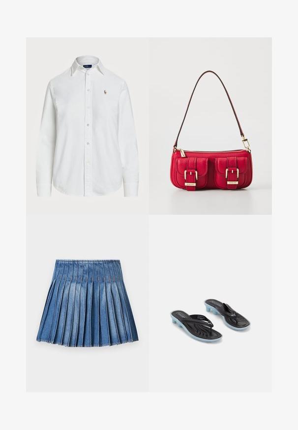 Hvid skjorte med knapper lavet af bomuld, med klassisk krave, lange ærmer og et lille broderet logo på brystet. Struktureret stof.; Denim plisseret nederdel med en tætsiddende talje, der har lodrette pliser i en mellemblå farve og kontrasterende syninger.; Sorte og blå Puma slide sandaler med lave blokhæle og toe straps på en hvid baggrund.; Rød læder taske med to frontlommer, gyldent hardware og lynlås lukning. Har en buet skulderrem og struktureret overflade.