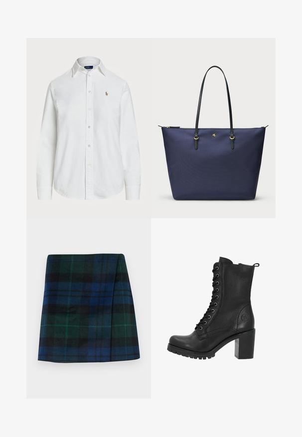 Camicia bianca a maniche lunghe in cotone, con colletto classico e un piccolo logo ricamato sul petto. Tessuto strutturato.; Gonna a quadri con colori verde scuro, blu e nero, con taglio dritto e texture morbida, caratterizzata da una forma strutturata.; Stivaletto in pelle nera fino alla caviglia, con punta rotonda, allacciatura frontale e tacco a blocco robusto. Presenta una superficie testurizzata e dettagli del logo sul lato.; Borsa tote blu navy realizzata in tessuto testurizzato, con manici in pelle nera e dettagli in hardware dorato. Chiusura a zip nella parte superiore.