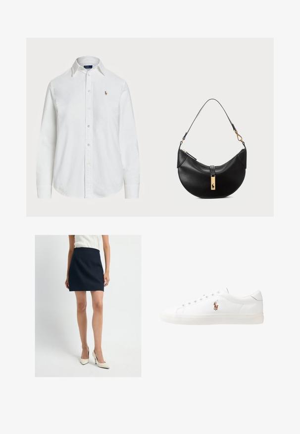Bílá košile na knoflíky vyrobená z bavlny s klasickým límcem, dlouhými rukávy a malým vyšitým logem na hrudi. Texturovaná tkanina.; Námořnická modrá skládaná mini sukně s přiléhavým pasem, doplněná bílými jehlovými podpatky. Tkanina má texturovaný vzhled.; Bílé kožené tenisky, nízký střih, s hladkým povrchem, kulatou špičkou, šněrováním v přední části a malým vyšitým logem na boku.; Černá kožená kabelka ve tvaru půlměsíce. Obsahuje zlaté kovové detaily a úzký popruh. Hladký povrch, zapínání na zip na vrchu.