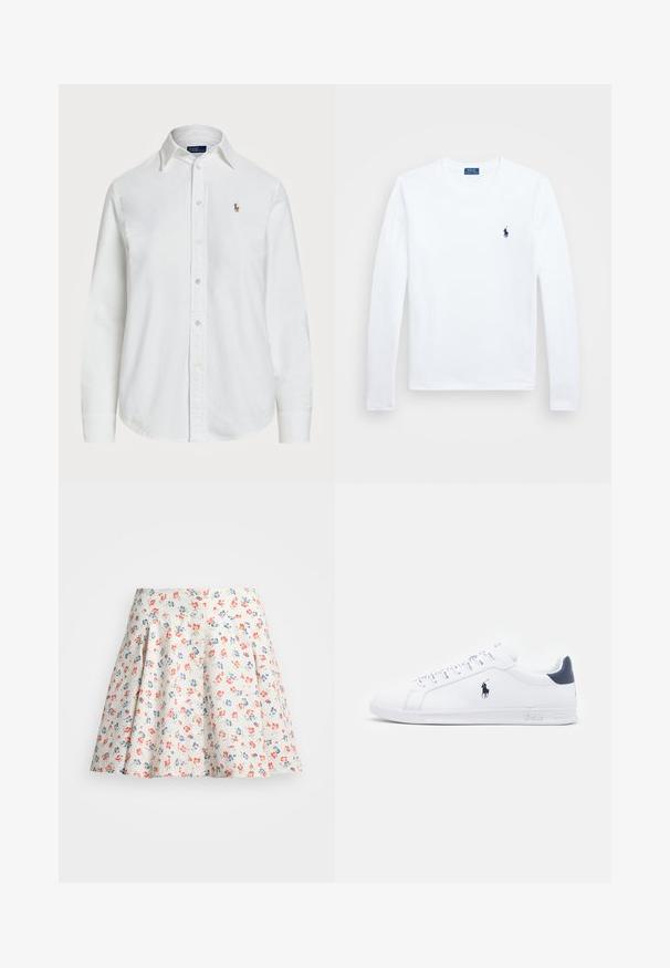 Camisa branca de botão, feita de algodão, com colarinho clássico, mangas longas e um pequeno logótipo bordado no peito. Tecido texturizado.; Camisa de manga longa branca, em material de algodão, com decote redondo, apresentando um pequeno logótipo azul-marinho no lado esquerdo do peito. Design simples, ajuste regular.; Saia floral em tecido creme, apresentando flores vermelhas e azuis. Forma em A com pregas na cintura e fechamento frontal com botão.; Tenis brancos de couro com um acabamento suave, detalhes em azul marinho e um pequeno logotipo na lateral. Possui atacadores planos e sola de borracha texturizada.