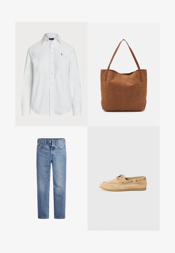 Bílá košile na knoflíky vyrobená z bavlny s klasickým límcem, dlouhými rukávy a malým vyšitým logem na hrudi. Texturovaná tkanina.; Světle modré džíny s rovný střih, designem s pěti kapsami a knoflíkovým zapínáním. Mají jemné vyblednutí a oranžové prošití.; Béžová semišová bota s zaoblenou špičkou, plochou gumovou podešví a šněrováním. Má hnědé kožené detaily a prošívání po stranách.; Hnědá semišová taška s dvěma dlouhými uchy, se hladkým povrchem, jednoduchým designem a bez viditelného kování nebo dekorací.
