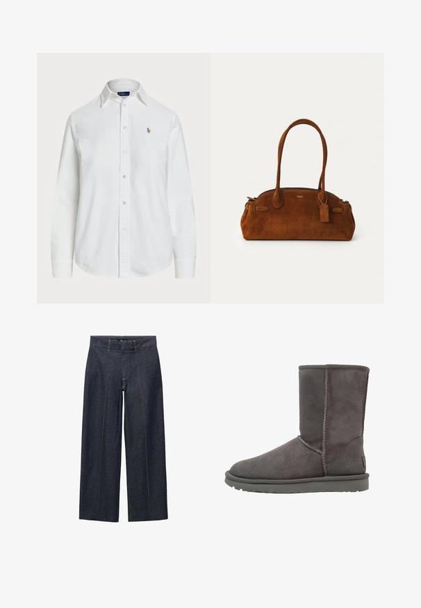 Chemise blanche à manches longues en coton, avec un col classisque et un petit logo brodé sur la poitrine. Tissu texturé.; Pantalons large en denim bleu sombre avec des coutures frontales et une taille standard. Présente des coutures orange et une longueur cropped.; Bottine en suède gris avec un orteil arrondi, des détails de couture verticaux et une semelle en caoutchouc plate. Présente un design simple et épuré.; Sac à main en daim marron avec deux poignées arrondies, quincaillerie dorée, une petite étiquette et une fermeture éclair lisse. Présente des accents cousus subtils.