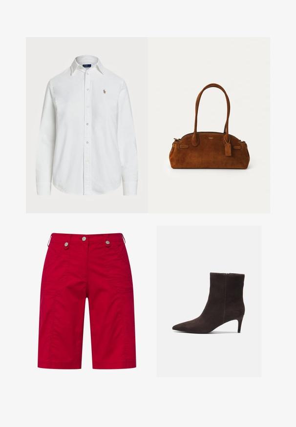 Hvid skjorte med knapper lavet af bomuld, med klassisk krave, lange ærmer og et lille broderet logo på brystet. Struktureret stof.; Røde cargo shorts lavet af bomuld med to sidelommer, dekorativ syning og sølvfarvede knaplukninger ved taljen.; Brune ruskinds ankelstøvler med spids tå og 3-tommers hæl, der har en glat tekstur og et minimalistisk design. Lynlåslukning bagpå.; Brun suedetaske med to runde hanke, gyldent hardware, et lille mærke og en glat lynlås-lukning. Har subtile syede detaljer.