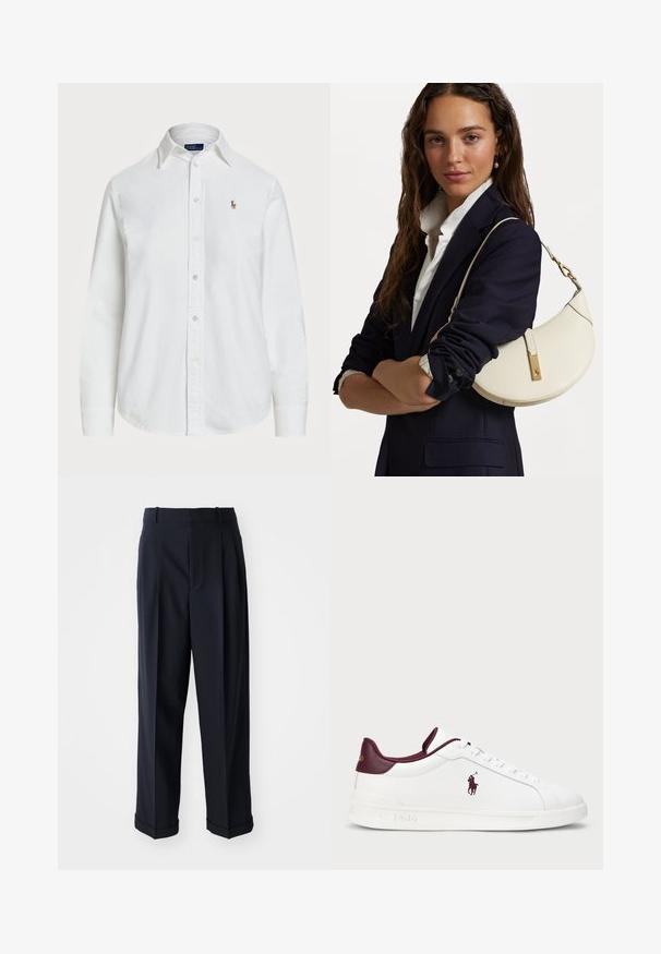 Baltas krekls ar pogām, izgatavots no kokvilnas, ar klasisku apkakli, garām piedurknēm un mazu izšūtu logo uz krūtīm. Teksturēta auduma.; Jūras spēku tumši zili, augstās jostasvietas bikses, izgatavotas no gludas auduma. Iespējama plisēta dizaina un salocītu piedurknu priekšrocība, lai radītu elegantu izskatu.; Baltas ādas sporta apavi ar bordo akcentiem, apaļa purngala forma, iegravēts logs un plakani šņores. Strukturēta zole un gluda virsmas apdare.; Balta ādas rokassoma ar izliekumu formu, zelta furnitūru un teksturētu apdari, valkāta pāri tumšam žaketam un baltai krekla.