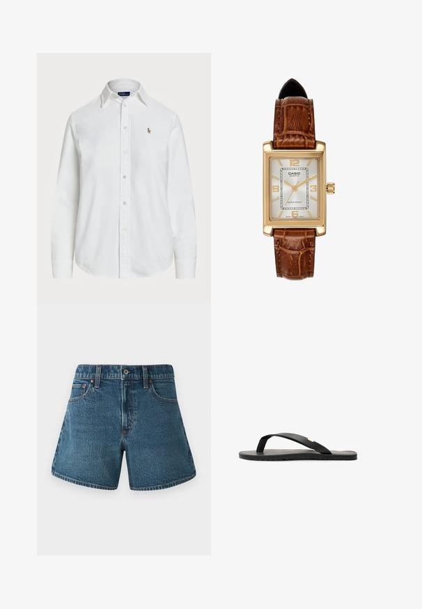 White button-up shirt made of cotton with a classic collar, long sleeves, and a small embroidered logo on the chest. Textured fabric.; Denim shorts in a medium blue hue with a straight cut, traditional five-pocket design, and contrasting stitching along the edges.; Black flip-flop sandal with a flat sole, textured black insole, smooth straps, and a small gold accent near the toe post.; Casio quartz watch with a rectangular gold-tone case, white face, gold hour markers, and brown leather crocodile-pattern strap. Water-resistant.