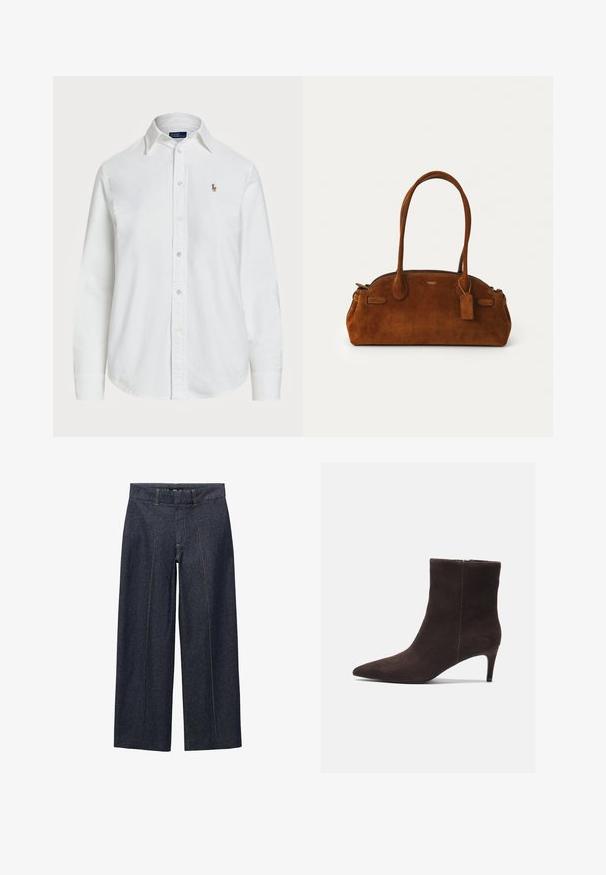 Weißes Button-Down-Hemd aus Baumwolle mit klassischem Kragen, langen Ärmeln und kleinem gesticktem Logo auf der Brust. Strukturiertes Material.; Dunkelblaue Denim-Hosen mit weitem Bein, vorn mit Nähten und einem normalen Bund. Mit orangen Nähten und einer verkürzten Länge.; Braune Wildleder-Ankelstiefel mit spitzem Zehenbereich und 7,5 cm Absatz, ausgestattet mit einer glatten Textur und minimalistischen Design. Reißverschluss auf der Rückseite.; Braune Wildleder-Handtasche mit zwei runden Griffen, goldfarbener Hardware, einem kleinen Anhänger und einem glatten Reißverschlussverschluss. Verfügt über subtile gestickte Akzente.