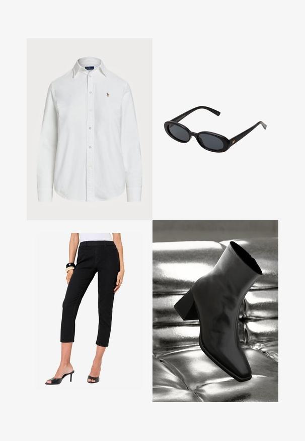 Biała koszula z długim rękawem wykonana z bawełny, z klasycznym kołnierzykiem i małym haftowanym logo na piersi. Teksturowana tkanina.; Czarne dżinsowe spodnie 3/4 o dopasowanym kroju, średnim stanie i przednich kieszeniach. Gładka faktura z klasycznym stylem pięciu kieszeni.; Czarne botki za kostkę wykonane z błyszczącego materiału, z kwadratowym noskiem i zwężającym się obcasem, na tle błyszczącego srebrnego tapicerowanego tła.; Czarne, oversize okulary przeciwsłoneczne z owalnymi soczewkami, gładkim plastikowym mostkiem i złotymi akcentami na zausznikach. Ciemne soczewki zapewniają ochronę przed słońcem.