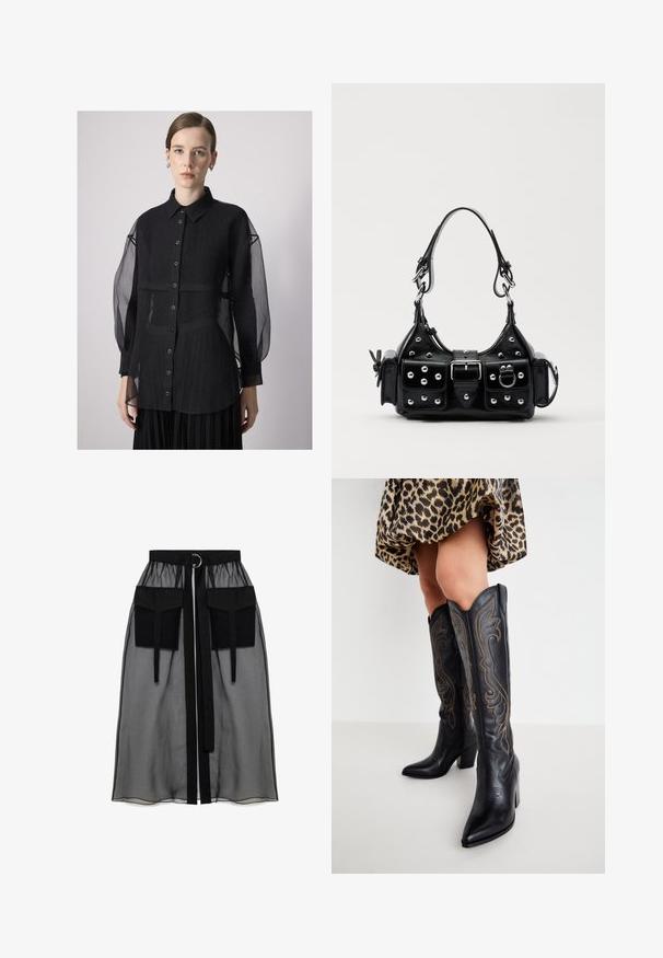 Juodas marškinėlis su užbuttonais, turintis skaidrius, pūstus rankovėmis ir tekstūruotą audinį. Savybėmis yra apykaklė ir priekinė mygtukų eilė.; Juoda permatoma sijonas su surinkta liemene, dviem didelėm priekinėm kišenėm, liemens raišteliu ir apvaliu metaliniu akcentu.; Kojos, apsirengusios juodais odiniais kaubojiškais batais iki kelių su dekoratyviniu siuvinėjimu, derinamos su trumpa leopardų raštuota sijonu ant balto fono.; Juodas odinis rankinukas su kreiviu dizainu, su sidabro spalvos knopkėmis, užsegimu ir dviem šoninėmis kišenėmis. Reguliuojama dirželis nešimui.