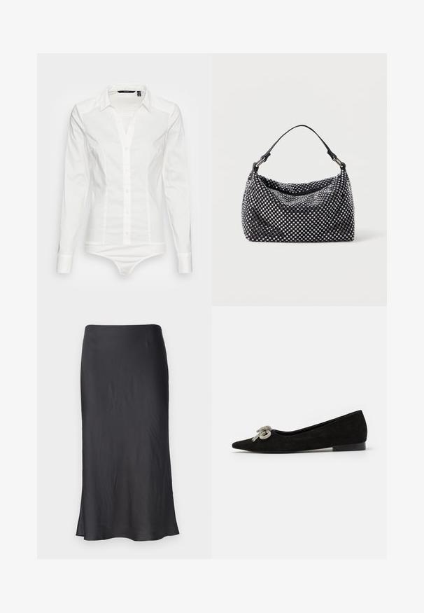 Vero Moda Tall VMLADY G STRING - Bluza s gumbima - snow white; Crna satenasta suknja s ravnim krojem i suptilnim sjajem. Ima mekanu teksturu i dizajn srednje dužine, s laganom širinom na rubu.; Crna semiš balerinka s oštrim nosom, ukrašena dekorativnom srebrnom mašnom sprijeda, s niskom petom.; Crna i srebrna torba s tkanom, teksturiranom površinom koja sadrži kvadratne uzorke, s jednim gornjim ručkom i opuštenim dizajnom.