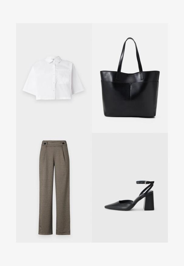 Hvid cropped skjorte lavet af bomuld, med knaplukning foran, klassisk krave og en enkelt brystlomme med korte ærmer.; Brune ternede bukser med høj talje, som har sidelæg og sorte knapdetaljer. Lavet af et tekstureret vævet materiale.; Sort læder spidse pumps med ankelrem og en chunky hæl. Flad tekstur, slankt design og minimalistisk æstetik.; Sort læder tote taske med to lange håndtag, en glat tekstur og en struktureret form. Har en forlommem for ekstra opbevaring.