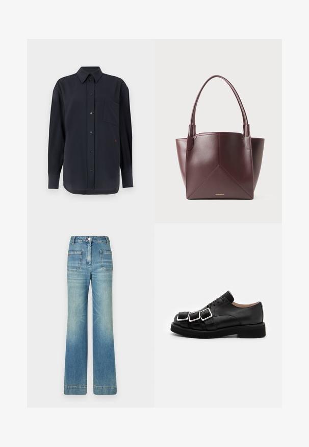 Must värvi pikkade varrukatega nööbiga särk, millel on rinna tasku ja punane aktsent. Valmistatud siledast kangast, klassikalise krae ja nööpide kinnitusega.; Heledad sinine denimist laienevad teksad viie tasku, vöödega, nööbiga kinnitusega ja kergelt tuhmise tekstuuriga, tagaküljel punane logo detail.; N°21 DERBY - Paeltega jalanõud - black; Tumepruun nahast kott kahe käepideme ja geomeetrilise paneelitelgiga, kus on väike kuldne bränditekst allosas keskel.