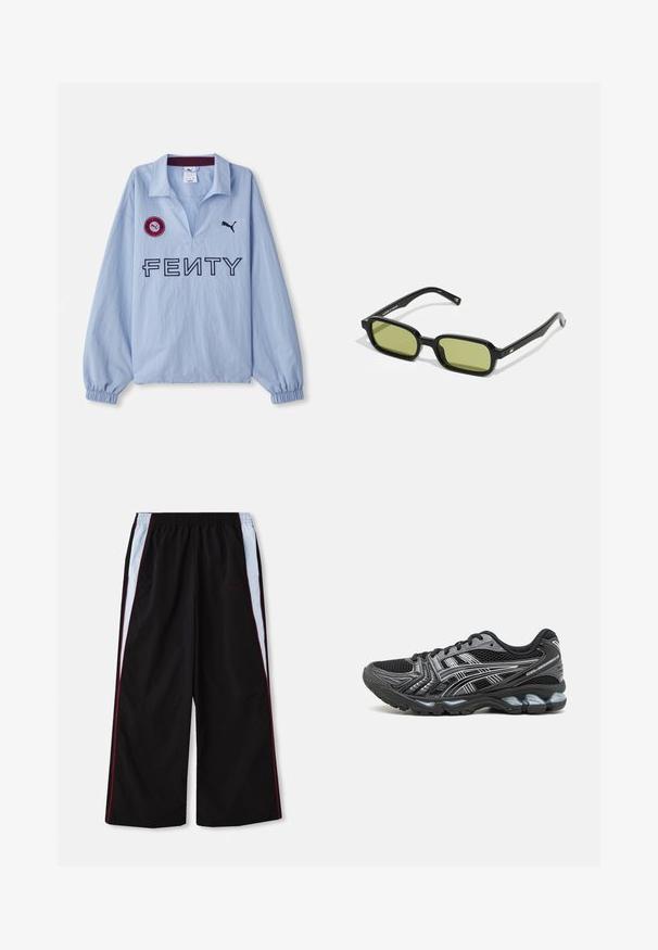 Cămașă albastră deschis cu mânecă lungă, având un guler împăturit, logo-ul "FENTY" și o pată rotundă roșie cu un logo, concepută de Puma.; Pantaloni sportivi negri cu picior larg, având dungi laterale albastre deschise și roșii și un mic logo "FENTY" pe față.; Pantofii sport negri cu superior din plasă, accente argintii și o talpă căptușită. Prezintă un design cu șireturi și o textuală pentru aderență.; Ochelari de soare negri cu un design unghiular, lentile cu nuanță verde și rame din plastic neted. Prezintă accente aurii pe tâmple.