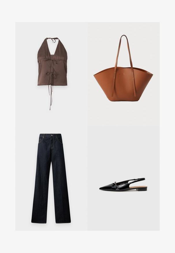 Smeđa halter top bluza od glatkog materijala, s dubokim V-izrezom, podešavajućim trakama na vezanje i detaljem s prednje strane za prilagođeni izgled.; Široke tamne traperice s dugmetom, prednjim džepovima, kontrastnim šavovima i čistom, glatkom teksturom.; Crne lakirane slingback cipele s šiljastim vrhom, minimalističkim dizajnom, malim potpeticom i srebrnom kopčom na remenu.; Smeđa kožna torba za nošenje s širokim, strukturiranim oblikom, tankim ručkama i teksturiranom površinom. Ima minimalistički dizajn bez vidljivih dijelova metalne opreme.