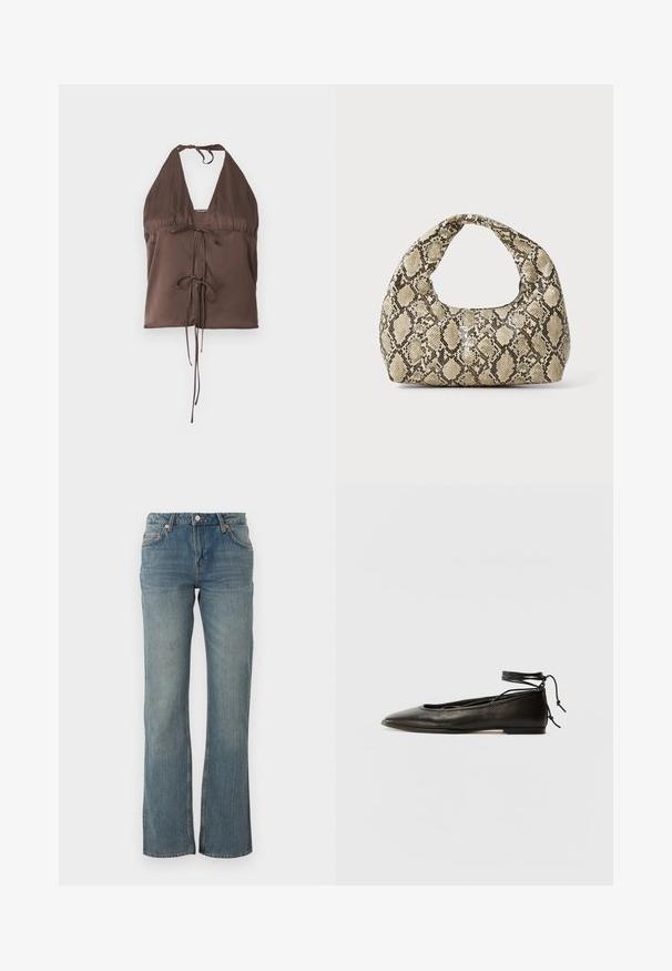 Rjav halter top iz gladkega blaga, z globokim V-izrezom, nastavljivimi vezalkami in detajlom vezanja spredaj za prilagojen videz.; Svijetloplave traperice imaju ravni kroj, dizajn s pet džepova i mjedićeve detalje. Tkanina ima blago teksturiranu površinu.; Črne usnjene baletne čevlje s koničastim nosom, vezi okrog gležnja in ravnim podplatom, ki se ponašajo z gladko teksturo in minimalističnim dizajnom.; Torba z vzorom kače s ukrivljenim ročajem. Narejena iz teksturiranih, bež in rjavih materialov, ki imajo značilen diamante vzorec.