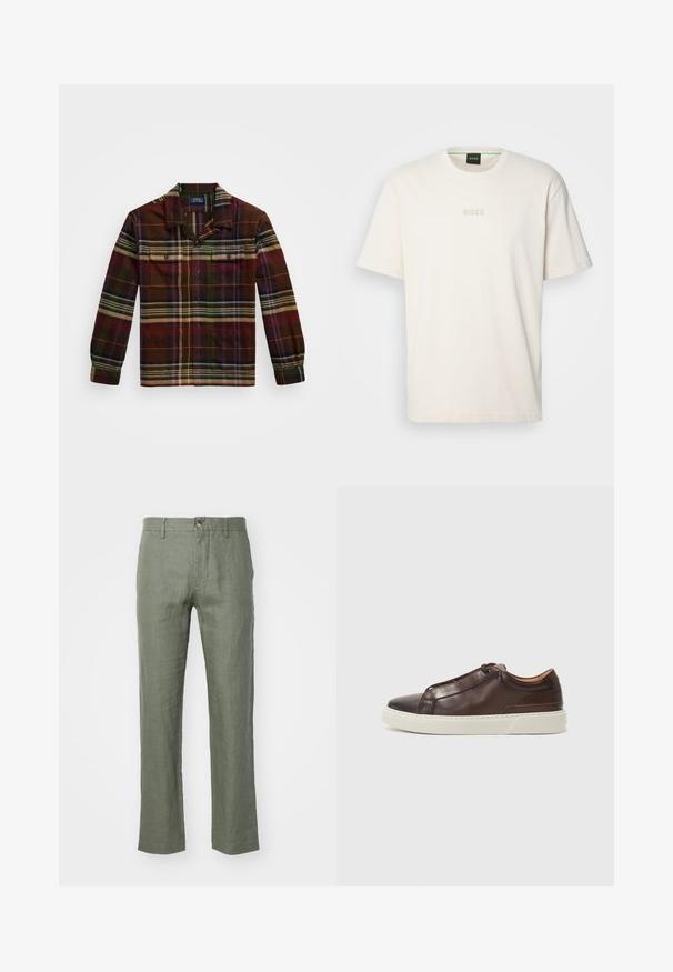 Camisa de manga larga a cuadros en marrón oscuro, con rayas verdes, moradas y naranjas, dos bolsillos en el pecho y un cuello abotonado.; BOSS TEE - Camiseta básica - open white; Pantalones de lino verde oliva ligeros con pernera recta, que presentan un cierre de botón y un acabado texturizado. No hay bolsillos visibles.; Zapatilla de cuero marrón con punta redondeada, suela de goma blanca en contraste, detalles cosidos y sin cordones visibles. Textura suave en general.