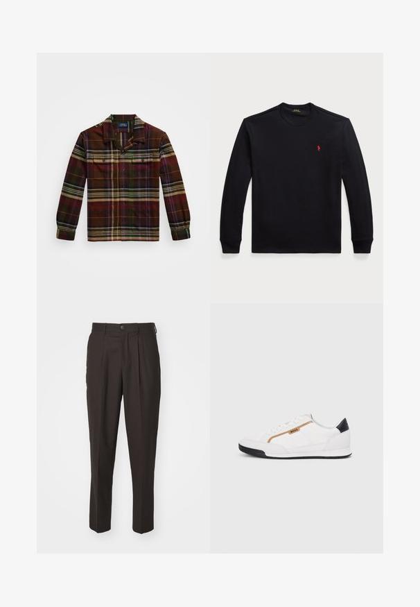 Kostkovaná košile s dlouhým rukávem v tmavě hnědé barvě, s zelenými, fialovými a oranžovými pruhy, dvěma náprsními kapsami a límcem na knoflíky.; Černá bavlněná košile s dlouhými rukávy a kulatým výstřihem, na hrudi se nachází malé červené logo. Hladký materiál a přiléhavý střih.; Hnědé kalhoty s rovnými nohavicemi, plochým předním dílem, se sklady a zapínáním na knoflík. Vyrobené z hladkého materiálu, s rovnýms designem nohavic a bez viditelných vzorů.; Bílé sportovní boty s akcenty z meshe a kůže. Mají zlaté logo "BOSS", texturované boční panely a černý podpatek. Gumová podrážka.