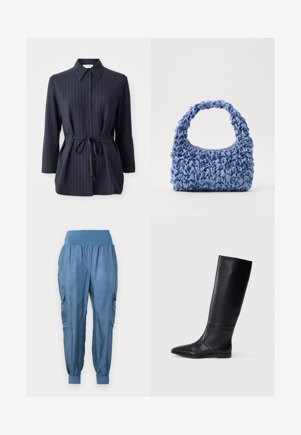 Námornická košile s vertikálními bílými pruhy, dlouhými rukávy, předním zapínáním na knoflíky a límcem. Obsahuje vázání v pase pro přiléhavý siluetu.; Modré cargo kalhoty z hladkého materiálu s elastickým pasem, zúženými manžetami a dvěma bočními cargo kapsami.; Černé kožené vysoké boty do půli lýtek s špičatou špičkou a minimalistickým designem. Hladký povrch a plochá podrážka, s nenápadnými švy po stranách.; Modrá látková kabelka s nabíranou strukturou a silným, volánkovým uchopem. Obsahuje jemné pruhované vzory po celém povrchu. Kompaktní obdélníkový tvar.