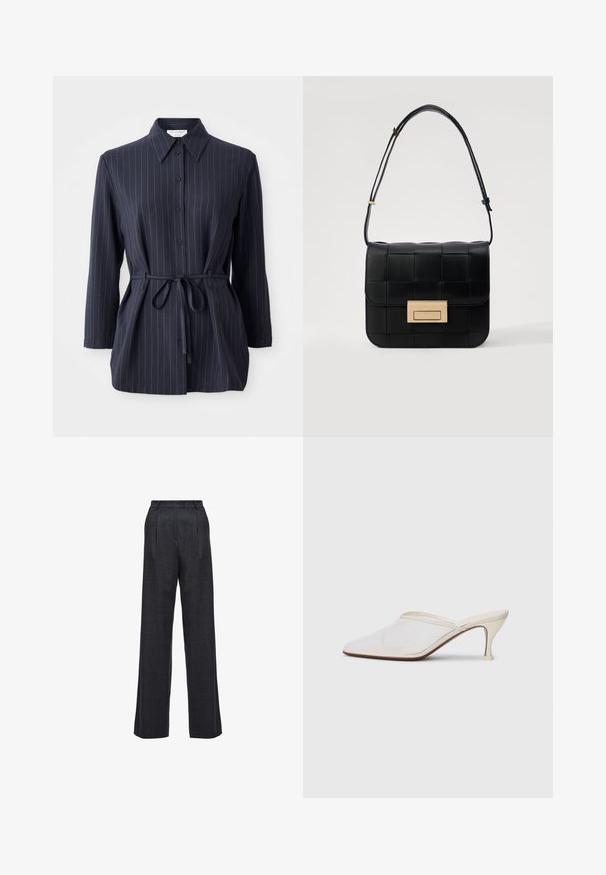 Marineblå skjorte med lodrette hvide striber, lange ærmer, knaplukning forneden og skjortekrave. Har en bundet talje for en tætsiddende silhuet.; Viddebenede bukser i mørkegrå stof, der har høj talje, plisseret front og en glat tekstur uden synlige lukninger eller dekorationer.; Hvide mesh spidse mule-sko med en slank hæl i mellem højde og slip-on design mod en ensfarvet baggrund.; Loeffler Randall DESI CROSSBODY WITH LOCK HARDWARE - Skuldertasker - black