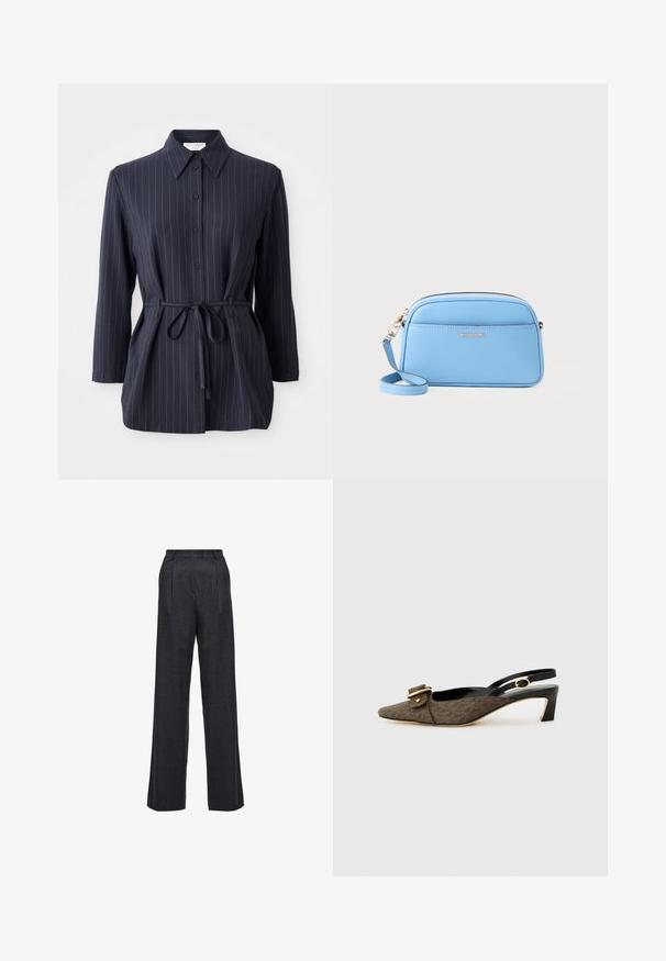 Chemise bleu marine avec des rayures blanches verticales, manches longues, fermeture à boutons et col de chemise. Présente une taille nouée pour une silhouette ajustée.; Pantalons à jambes larges en tissu gris foncé, dotés d'une taille haute, d'un devant plissé et d'une texture lisse sans fermetures ni embellissements visibles.; Talons slingback avec un bout pointu, en tissu à motifs marron, détail de boucle en or, sangle en cuir noir et un petit talon carré.; Sac en cuir bleu clair porté travers avec des accessoires en métal doré, fermeture éclair et une poche avant. Il dispose d'une bandoulière réglable pour plus de commodité.