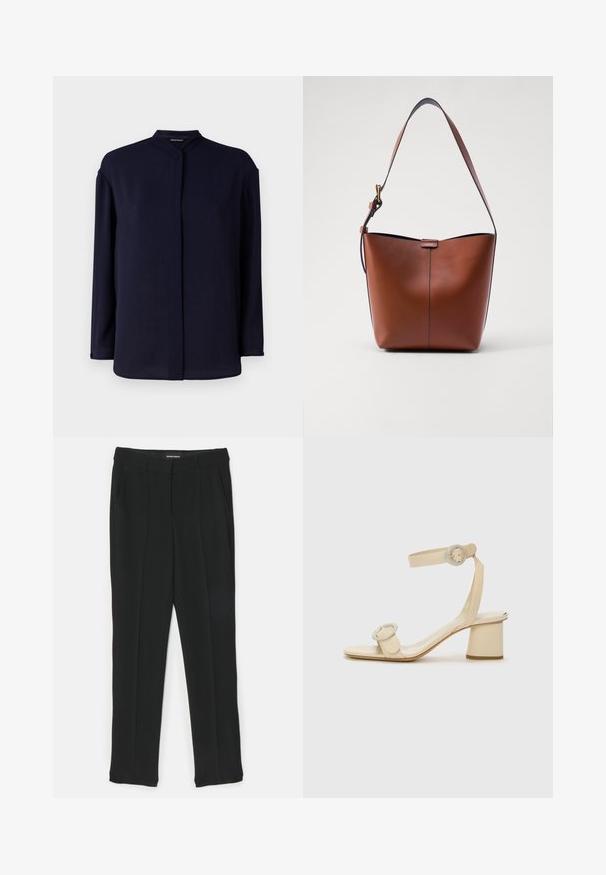 Tengerészsapkékék hosszúujjú blúz mandarin gallérral, texturált anyagból készült, egyenes szabással, ami biztosítja a laza illeszkedést.; Fekete nadrág, egyenes szabással, pliszékkel, oldalsó zsebekkel és sima textúrával. Könnyű anyagból készült.; Krémszínű, magassarkú szandál, minimalista dizájnnal, két kör alakú díszítéssel és vastag sarokkal. Simító bőrből készült.; Barna bőr válltáska ívelt formával, sima felülettel és egy vékony pánttal. Diszkrét varrással és kis logóval rendelkezik.