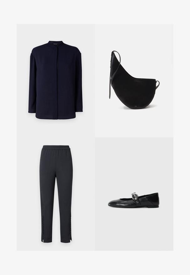 Námornícky modrá blúzka s dlhým rukávom a mandarinovým golierom, so štruktúrovanou tkaninou a rovný strih, zaisťujúca uvoľnený strih.; Čierne nohavice s elastickým pásom a textúrovaným povrchom, so bočnými rozparkami a gombíkovými detailmi na spodnom okraji. Rovný strih s pohodlným dizajnom.; Čierne kožené baletky s špicatou špičkou, so pásikom s okrúhlou kovovou sponou a plochou podrážkou.; Čierna kožená kabelka s krivkovým tvarom mesiaca, s úzkym popruhom a diskrétnym zlatým brandingom na prednej strane. Hladký povrch s minimálnym hardvérom.
