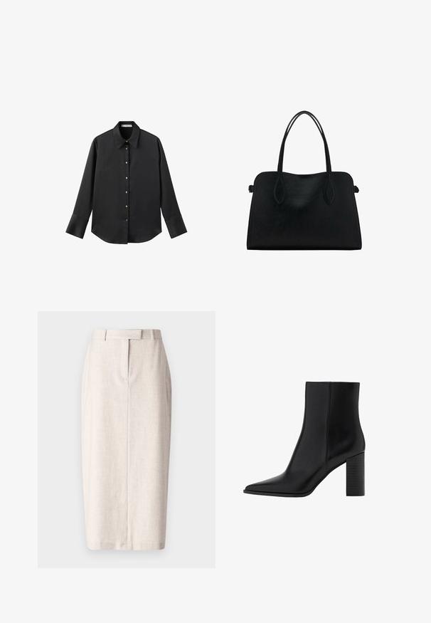 Crna košulja dugih rukava od glatkog materijala, s klasičnim ovratnikom, prednjim kopčanjem na dugmad u boji zlatne i širokim manžetnama.; Bež suknja od olovke, krojena dizajna s čistim linijama, izrađena od teksturirane tkanine, s midi dužinom i prorezom straga.; Crne kožne čizme do gležnja s izduženim nožnim prstom, kvadratnim potplatom, glatkom teksturom i detaljima šavova duž šavova. Potpetice su visoke približno 8,9 centimetara.; Crna kožna torba s dvostrukim naramenicama, pravokutnog oblika i minimalističkim dizajnom na bijeloj pozadini.