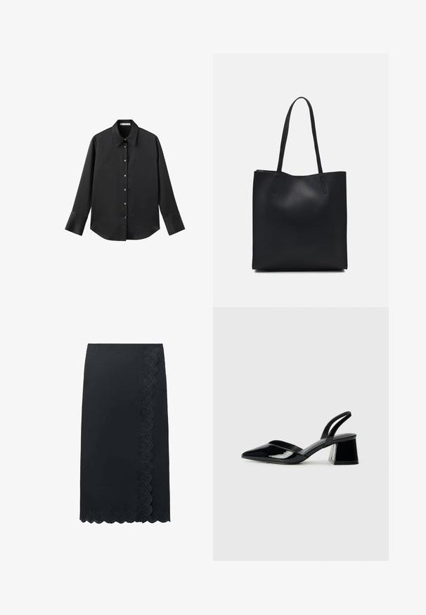 Black long-sleeve shirt in smooth fabric, featuring a classic collar, front button closure with gold-tone buttons, and wide cuffs.; Black knee-length skirt with scalloped lace trim along right side and hem, featuring floral cutout patterns.; Black patent leather slingback heels with a pointed toe and a geometric block heel. Features a sleek, minimal design and smooth texture.; Black leather tote bag with smooth texture, rectangular shape, and two long handles. No visible hardware or embellishments.