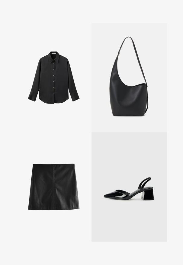 Schwarz langärmliges Hemd aus glattem Stoff, mit klassischem Kragen, frontaler Knopfleiste mit goldfarbenen Knöpfen und breiten Manschetten.; Schwarzer Leder-Minirock mit glatter Textur, schlichtem Design und minimaler Nahtführung, gerader Schnitt und ohne Verzierungen.; Schwarze Lackleder-Slingback-High Heels mit spitzem Schuh und einem geometrischen Blockabsatz. Verfügt über ein schlankes, minimalistisches Design und eine glatte Textur.; Schwarze Leder-Hobo-Tasche mit einer glatten Textur, geschwungener Form und einem einzelnen verstellbaren Tragegurt; verfügt über eine weite Öffnung am oberen Ende.