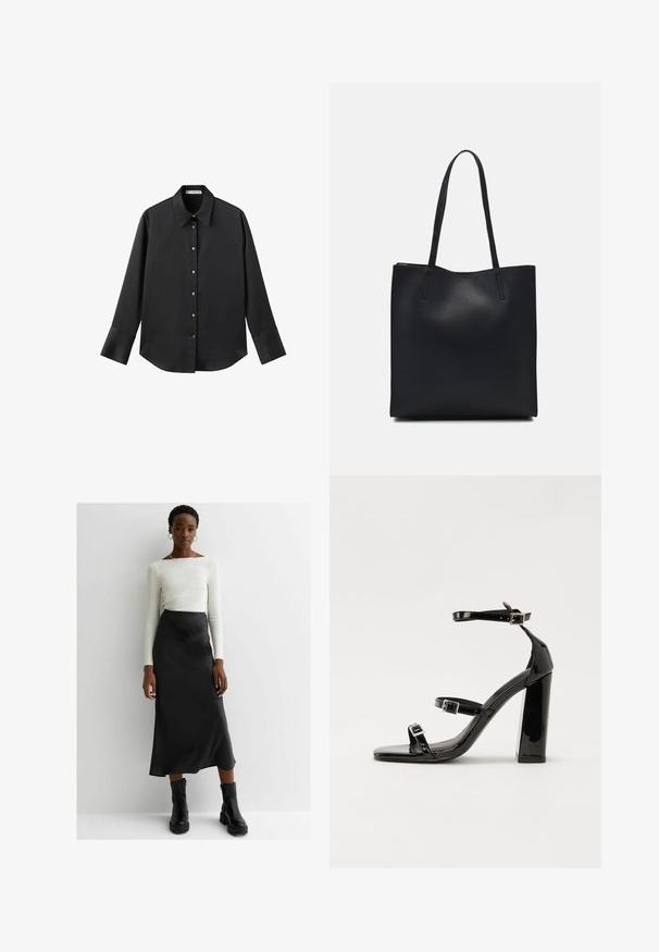 Svart långärmad skjorta i mjukt tyg, med klassisk krage, framknäppning med knappar i guldton och breda manschetter.; Vit långärmad topp kombinerad med en svart satinmaxikjol och svarta chunky ankelstövlar. Enkel silhuett med en slät textur.; Svarta lackerade klacksandaler med fyrkantig tå, ankelremmar och silverfärgade spännen. Har en kraftig blockklack för stabilitet.; Svart lädertoffelväska med slät textur, rektangulär form och två långa handtag. Ingen synlig hårdvara eller dekorationer.