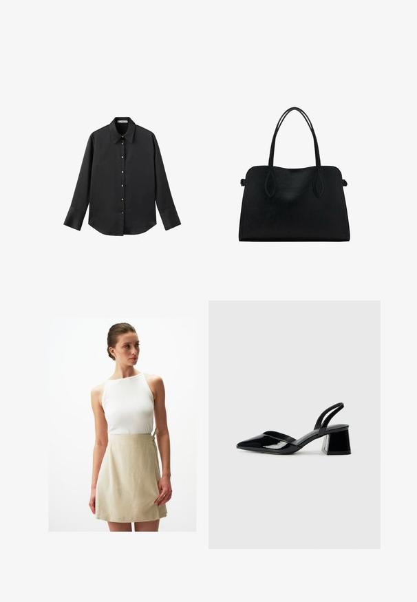 Czarna koszula z długim rękawem z gładkiego materiału, z klasycznym kołnierzykiem, zapięciem na guziki z przodu w złotym odcieniu oraz szerokimi mankietami.; Jimmy Key - Spódnica mini; Czarne lakierowane półbuty na obcasie z wydłużonym noskiem i geometrycznym słupkiem. Charakteryzują się eleganckim, minimalistycznym designem oraz gładką fakturą.; Czarna skórzana torba na ramię z podwójnymi paskami, prostokątny kształt i minimalistyczny design na białym tle.