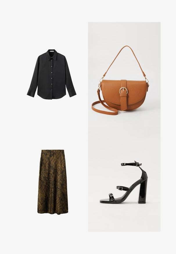 Schwarz langärmliges Hemd aus glattem Stoff, mit klassischem Kragen, frontaler Knopfleiste mit goldfarbenen Knöpfen und breiten Manschetten.; Brauer Midi-Rock mit einem schwarzen strukturierten Reptilmuster, glattem Stoff, ausgestelltem Schnitt und hohem Bund für einen bequemen Sitz.; Schwarze Lackleder-Sandalen mit hohen Absätzen, zwei Riemen mit Schnallen, quadratischer Zehenpartie und klobigem Blockabsatz, mit einer glatten, glänzenden Textur.; Braune Leder-Crossbody-Tasche mit geschwungener Form, goldfarbenen Beschlägen und einer Schnallenakzentuierung. Verfügt über einen abnehmbaren Schultergurt.