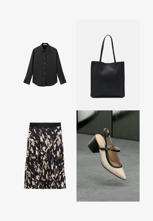 Čierna dlhá rukávová košeľa z hladkého materiálu, s klasickým golierom, predným zapínaním na gombíky so zlatými gombíkmi a širokými manžetami.; Plisé sukňa so širokým čiernym pásom; vzorovaná v odtieňoch čiernej, krémovej a hnedej; hladká textúra s plynulým dizajnom.; Béžová lodička so špicatou špičkou, s čiernym lemom, zlatou prackou a robustným blokovým podpätkom na šedom podlahe s tmavozeleným pozadím.; Čierna kožená taška na rameno s hladkým povrchom, obdĺžnikovým tvarom a dvoma dlhými uchami. Bez viditeľného kovania alebo ozdôb.