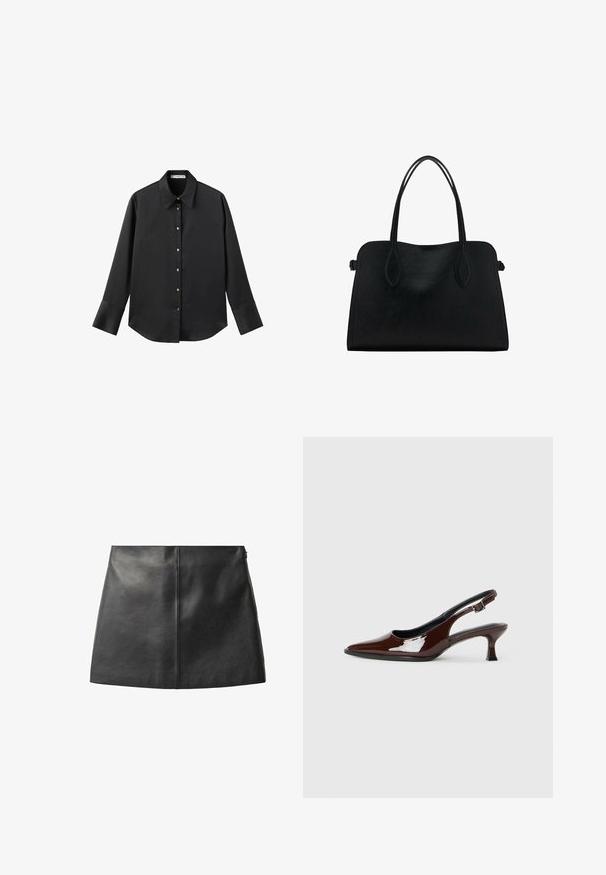 Črna majica z dolgimi rokavi iz gladkega materiala, z klasičnim ovratnikom, sprednjim zapiranjem na gumbe z zlatimi gumbi in širokimi manšetami.; Črna usnjena krilo z gladko teksturo, prilegajočim dizajnom in minimalistično silhueto. Ima osrednji šiv ter diskretno stransko zadrgo.; Rjavi lakirani slingback čevelj z ostro konico in zmerno peto. Ima zaponko za varno prileganje. Gladka tekstura.; Črna usnjena torbica z dvema naramnima trakoma, pravokotne oblike in minimalističnim dizajnom na beli podlagi.